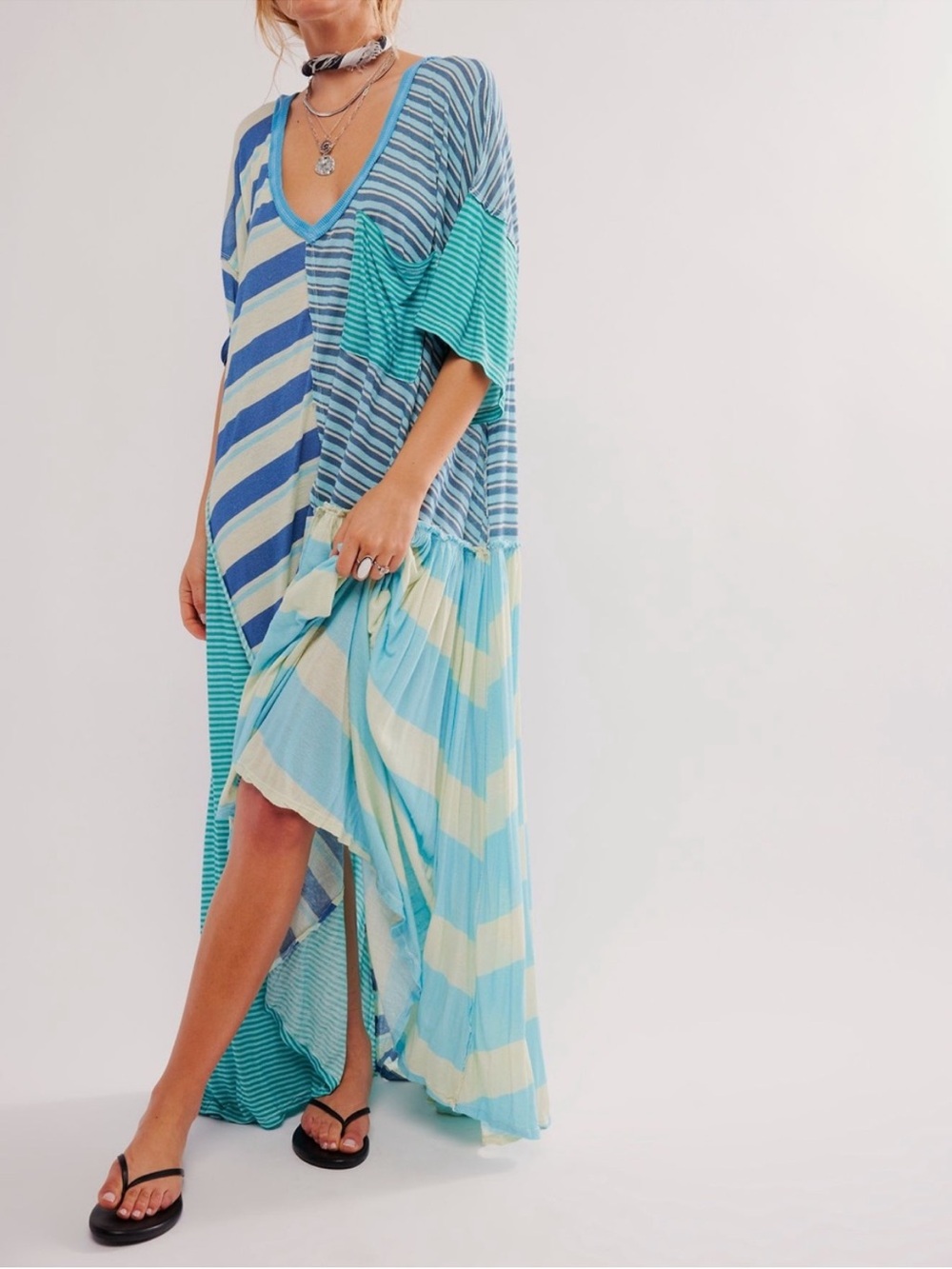 Free People Shellyanne Striped Maxi Dress Blue Beach Combo Linen Oversized M